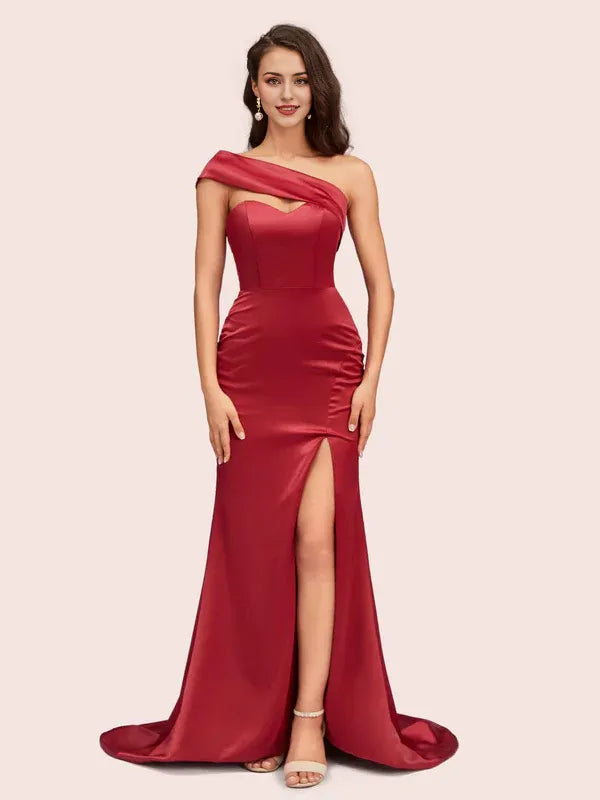 Robe de soirée sirène sexy asymétrique, longue et douce, en satin, avec traîne et fente